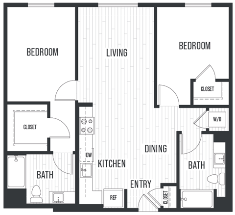 Floor plan 2B. Two bedroom, two bath at Sixth & Jackson Apartments in Japantown, San Jose.